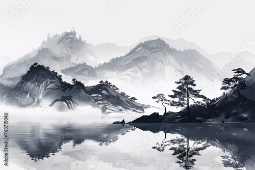 Chinese landscape painting depicts mountains and trees in the ink style with a white background © K'kriang Krai