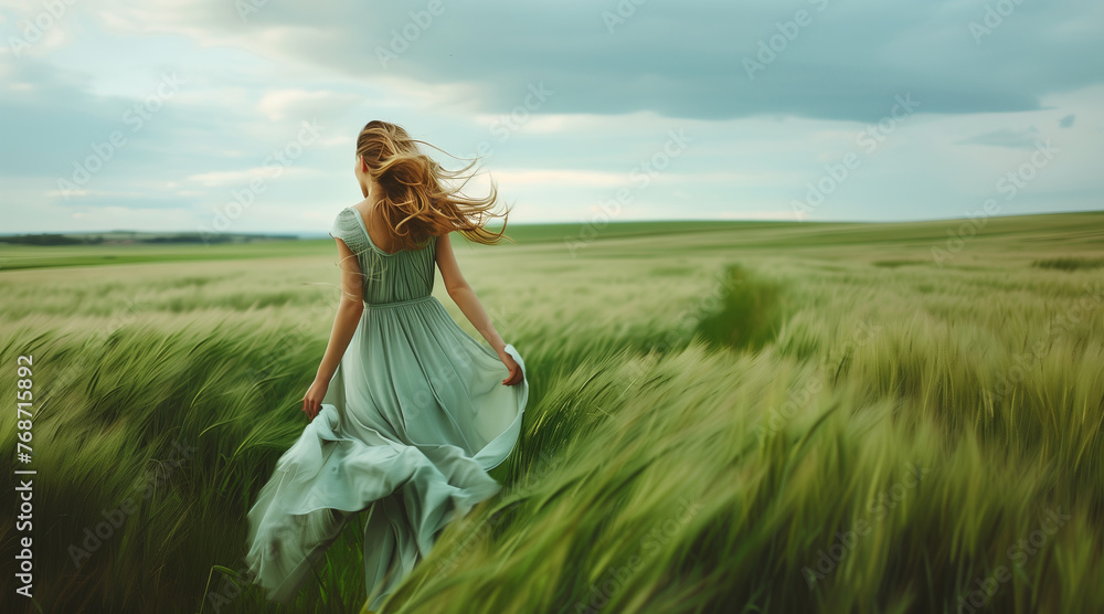 Naklejka premium Woman walking in green windy field with tall grass wearing long dress 