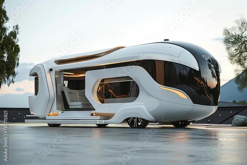 Futuristic recreational vehicle (RV) with aerodynamic design, modern mobile home for travel © furyon