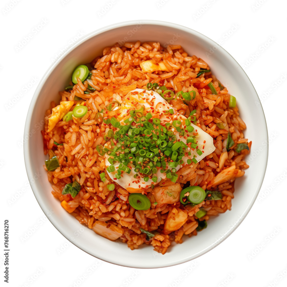 Top view of a traditional Korean kimchi fried rice bowl with poached egg Top view of a traditional Korean kimchi fried rice bowl with poached egg