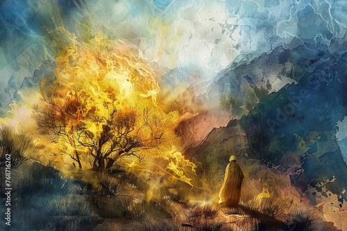 God appearing to Moses in the burning bush on Mount Sinai, biblical scene, digital painting photo
