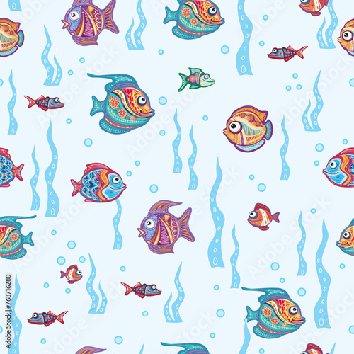 Seamless Pattern with Decorative fishes and Corals