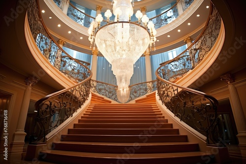 Mansion Staircase: Rings on a grand staircase with chandeliers in the background.