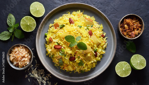 Indian food - Poha served in a plate. photo