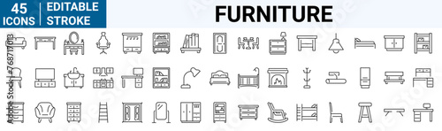 Furniture web line icons set. Kitchen, bedroom, sofa table, bookcase closet, chair, mattress, lamps, ladder vector illustrations. Outline signs of house interior, editable stroke.
