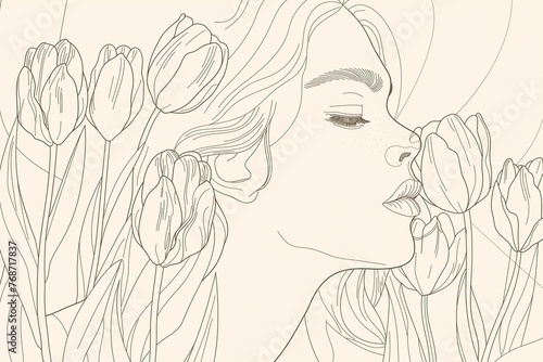Line Art Drawing of Woman with Tulips, Minimalist Style, Monochrome, Creative Concept