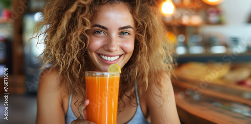 Bright and healthy lifestyle with a happy woman enjoying a fresh orange juice