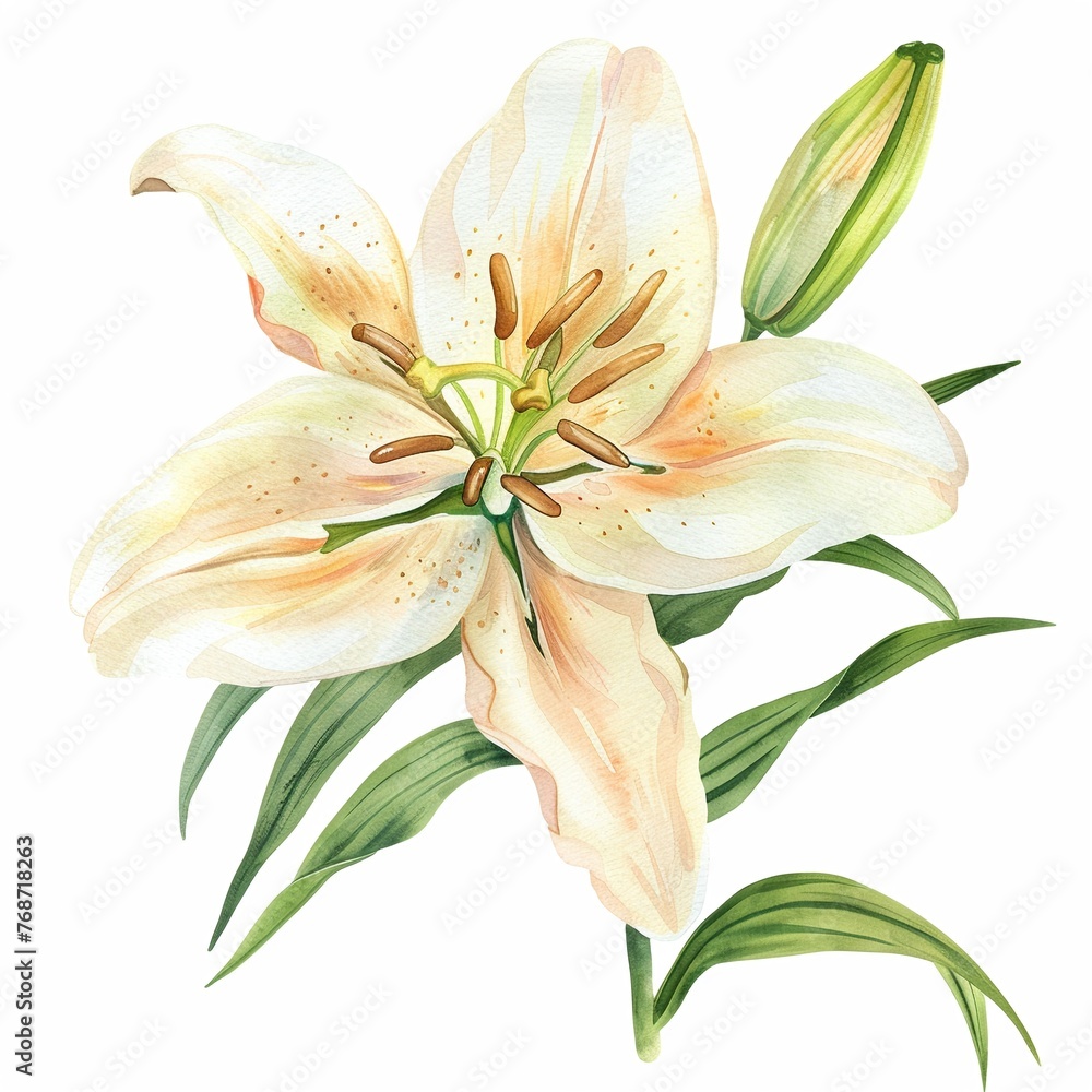 Obraz premium Watercolor lily art pristine petals, lush green stems, clipart, watercolor illustration clipart, isolated on white background