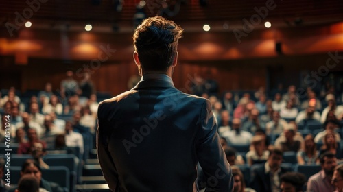 Charismatic businessman delivering a motivational speech on success and leadership to an engaged audience.