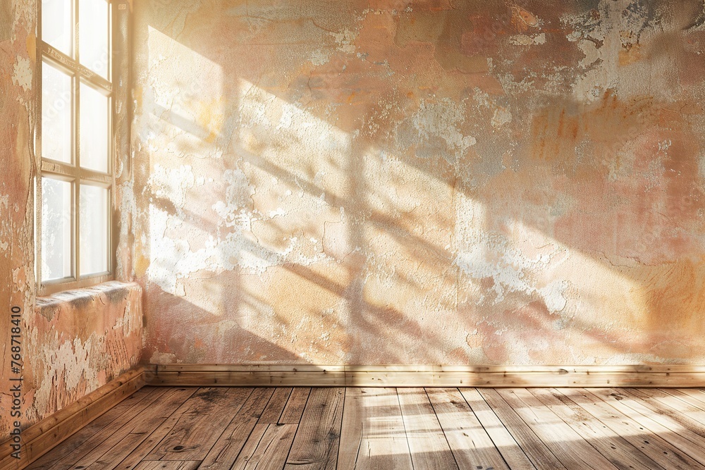 lightweight beige empty wall and wooden floor with interesting with glare from the window. Interior background lightweight beige empty wall and wooden floor with interesting with glare from the window. Interior background
