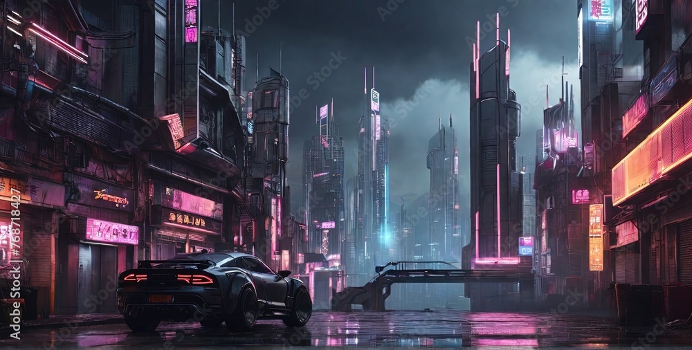 Cityscape of Cyberpunk city, Cyberpunk color style.