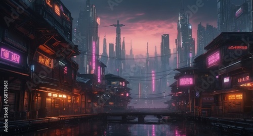 Cityscape of Cyberpunk city  Cyberpunk color style.