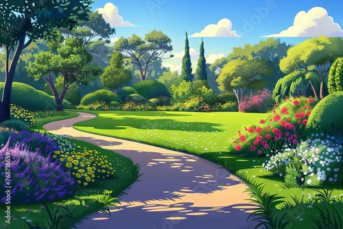 Immaculate lawn and vibrant flowerbed in private garden, deciduous shrubs and winding path at golden hour, digital landscape illustration