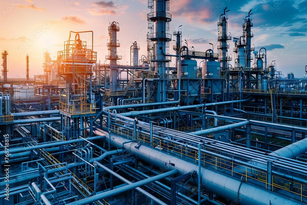Industrial oil and gas refinery with massive storage tanks and complex pipe systems, abstract background
