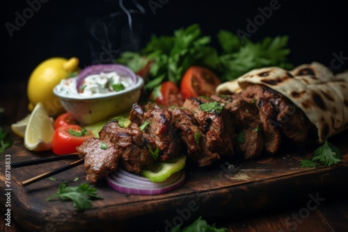 Delicious kebab on a metal tray against a pastel painted wood background