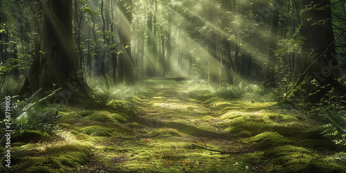 Serene forest scenery with sunbeams filtering through tall trees, highlighting the lush green moss and understory photo