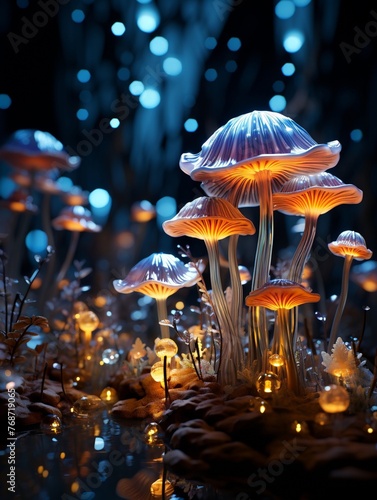 Bioluminescent mushrooms in forest glade moonlight