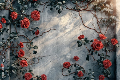 Intricate floral frame with lush red roses and intertwined twigs, vines, and leaves on a concrete wall with sun rays, fantasy illustration