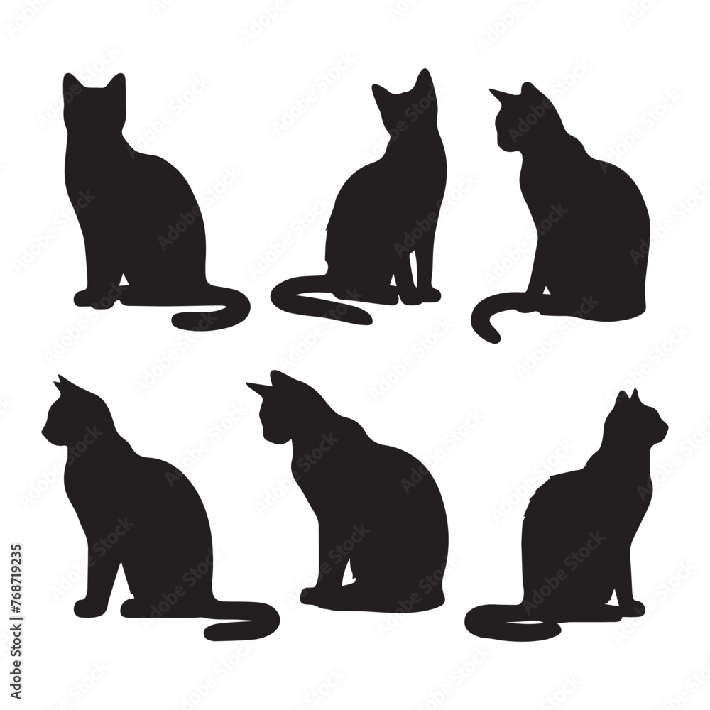 Silhouette set of black cats in relaxed poses