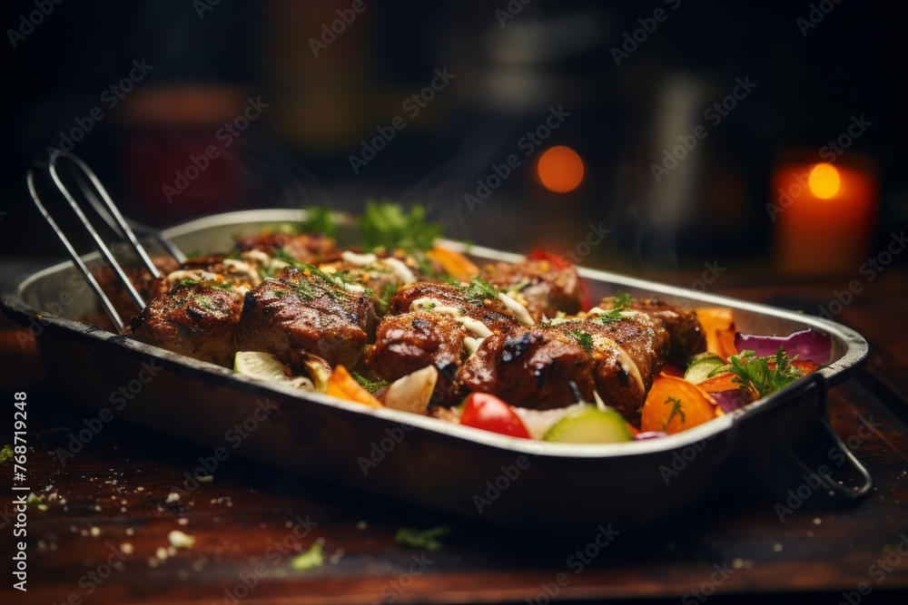 Tasty kebab on a metal tray against a pastel painted wood background Tasty kebab on a metal tray against a pastel painted wood background