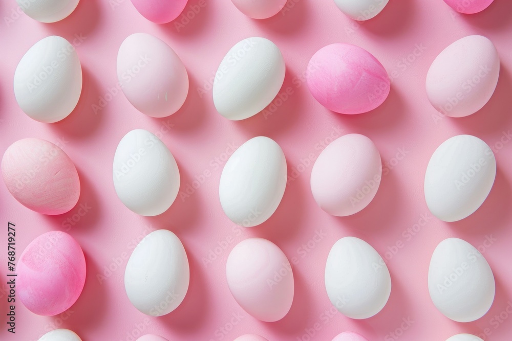 White and pink eggs on pink background. Top view, flat lay. Easter background. White and pink eggs on pink background. Top view, flat lay. Easter background.