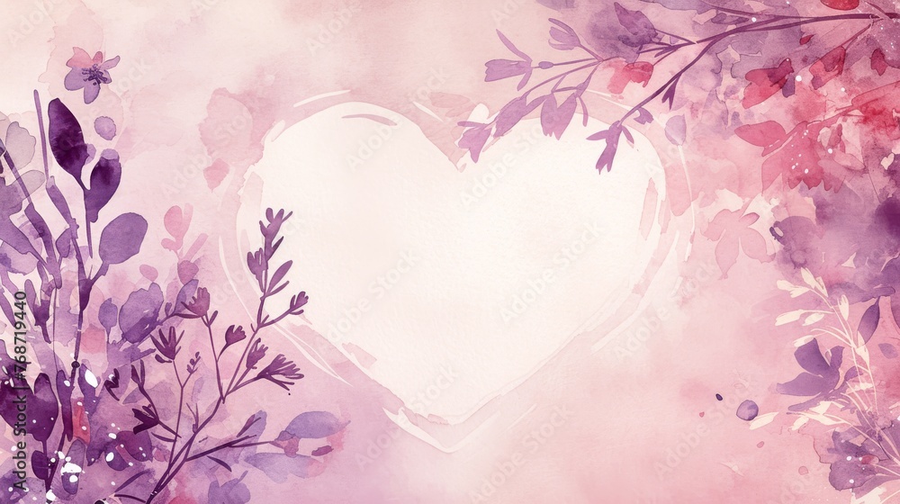  White heart in center surrounded by pink, purple flowers against pink, purple watercolor backdrop