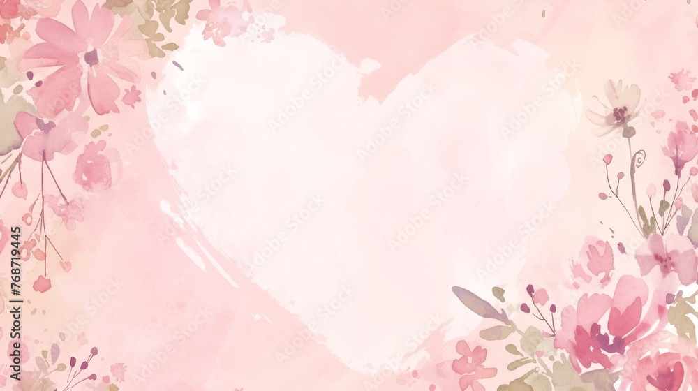  Watercolor painting of heart w/ pink flowers & leaves on light pink bkg, space for text