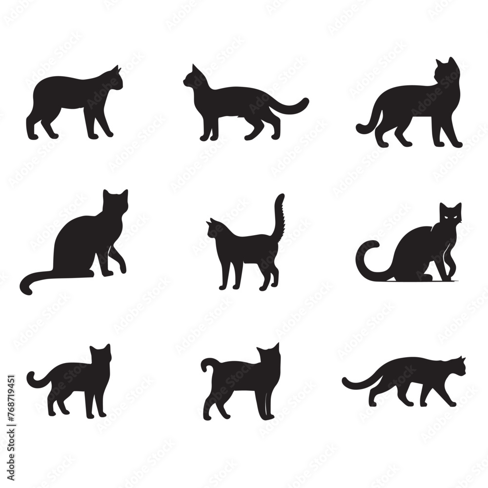 Silhouettes of various cat poses and actions