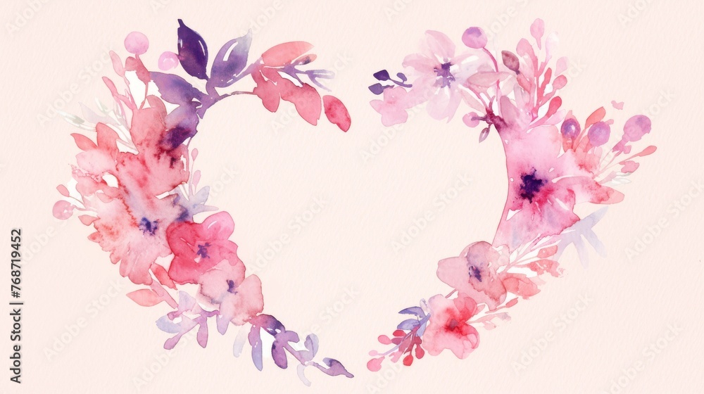  A watercolor illustration depicting a heart composed of pink & purple blossoms against a white canvas, set against a pink backdrop