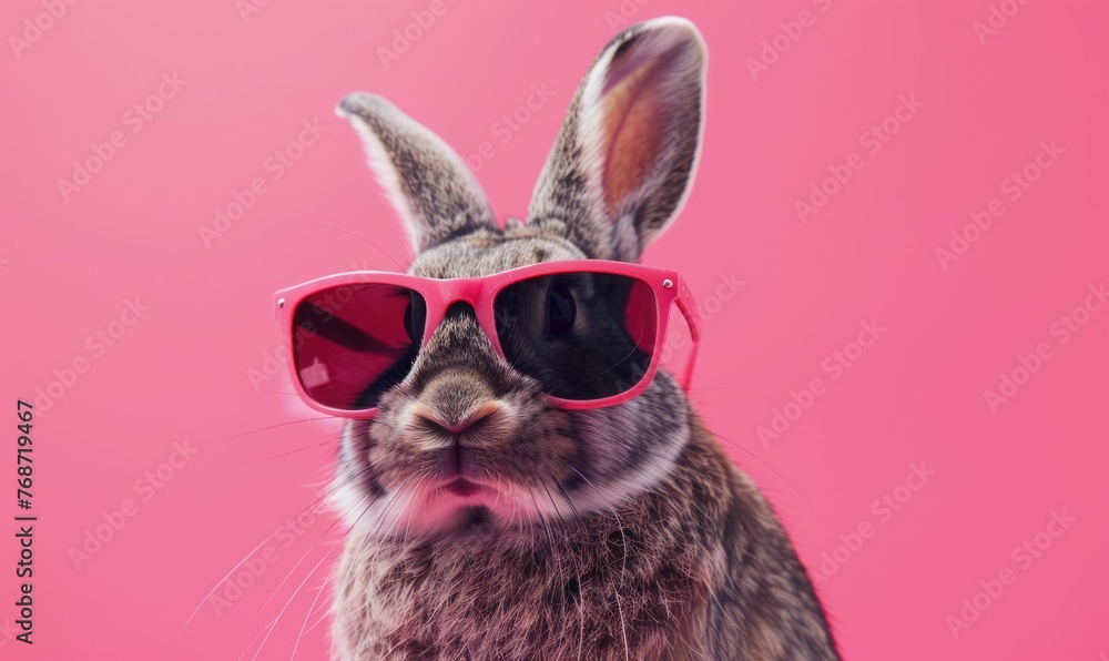 Funny rabbit wearing pink sunglasses on pink background. Easter concept. Copy space.