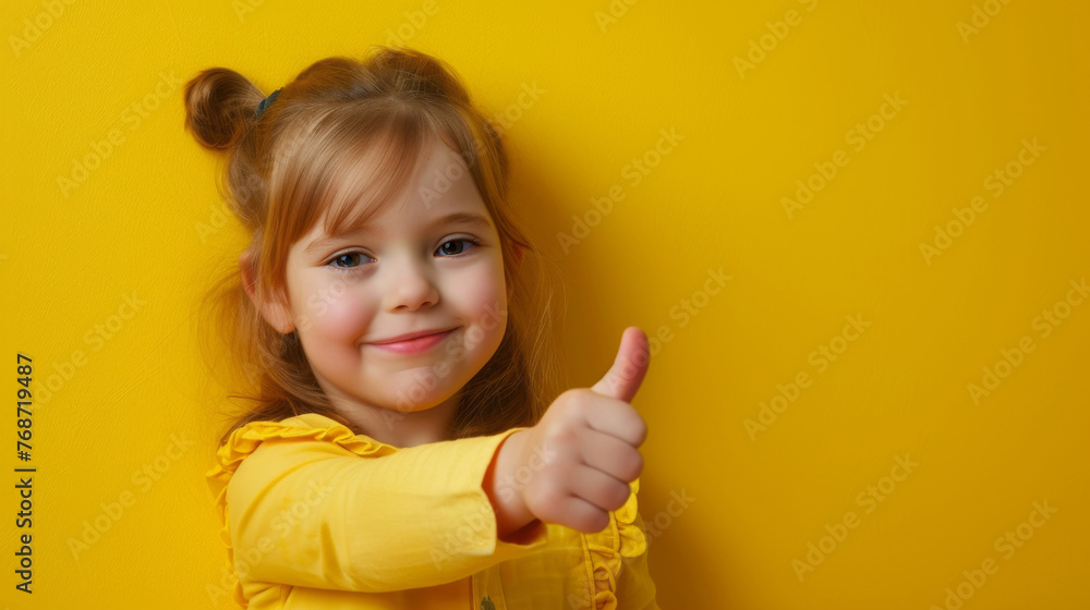 Closeup portrait of a cute attractive little child girl with a heart hairpin smiling showing thumb up over yellow background. Closeup portrait of a cute attractive little child girl with a heart hairpin smiling showing thumb up over yellow background.