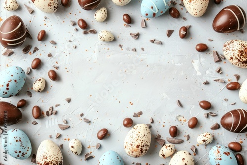 Colorful Easter eggs and chocolate on light background. Top view with copy space