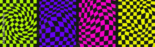 Psychedelic checkerboard acid backgrounds. Surreal abstract checkered posters collection. Groovy neon design templates. Vector