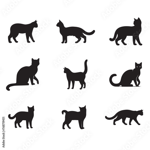 Silhouettes of various cat poses and actions