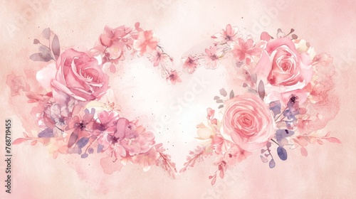  A watercolor painting featuring a heart crafted from pink and purple blossoms against a soft pink canvas  adorned with a flying butterfly