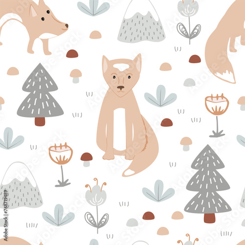 Cute foxes and fairy woodland landscape doodle seamless pattern. Nursery forest vector background © Toltemara