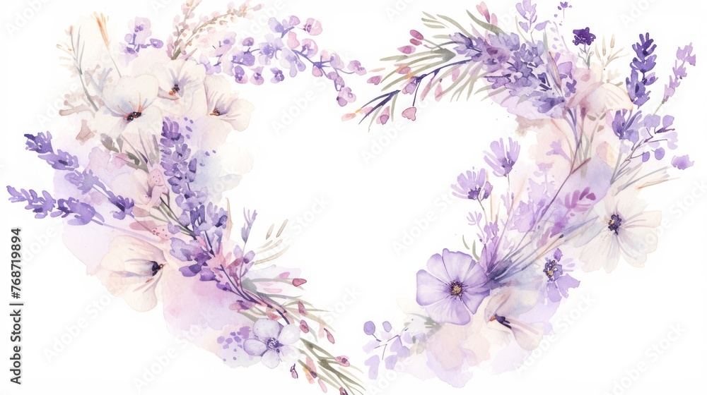 Watercolor of a heart-shaped frame, filled with lavender blooms