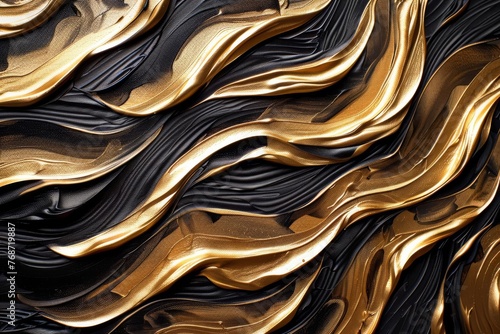 Luxurious Abstract Gold and Black Acrylic Painted 3D Texture, Fluted Waves and Swirls, Canvas Background