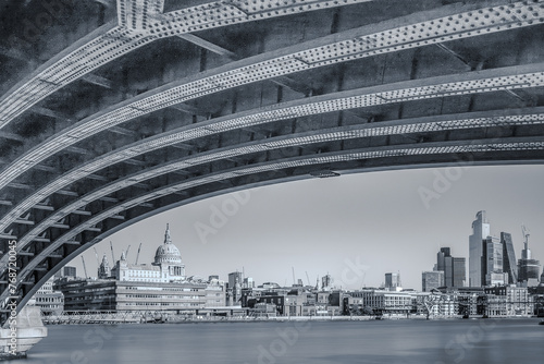 London skyline shwoing St Pauls Cathedral and the river Thames in Black and White photo