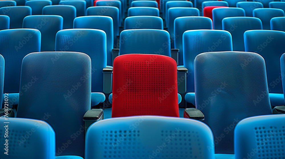 Fototapeta premium Red seat as an eyecatcher in the middle of rows of empty blue seats, AI Generative.