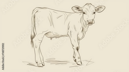  A monochrome depiction of a cow grazing in the grass, with its profile facing the viewer