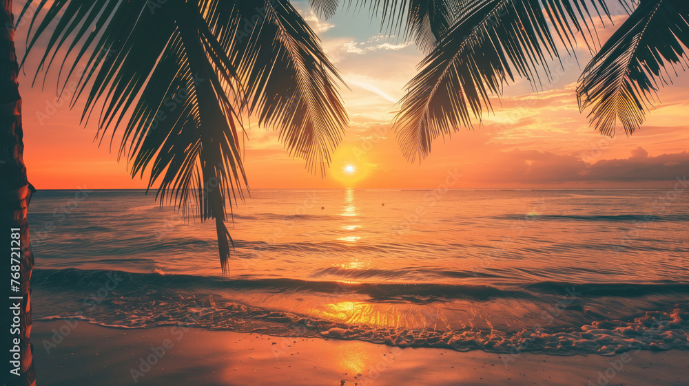 Gorgeous tropical sunset over beach with palm tree silhouettes Perfect for summer travel and vacation Generative AI