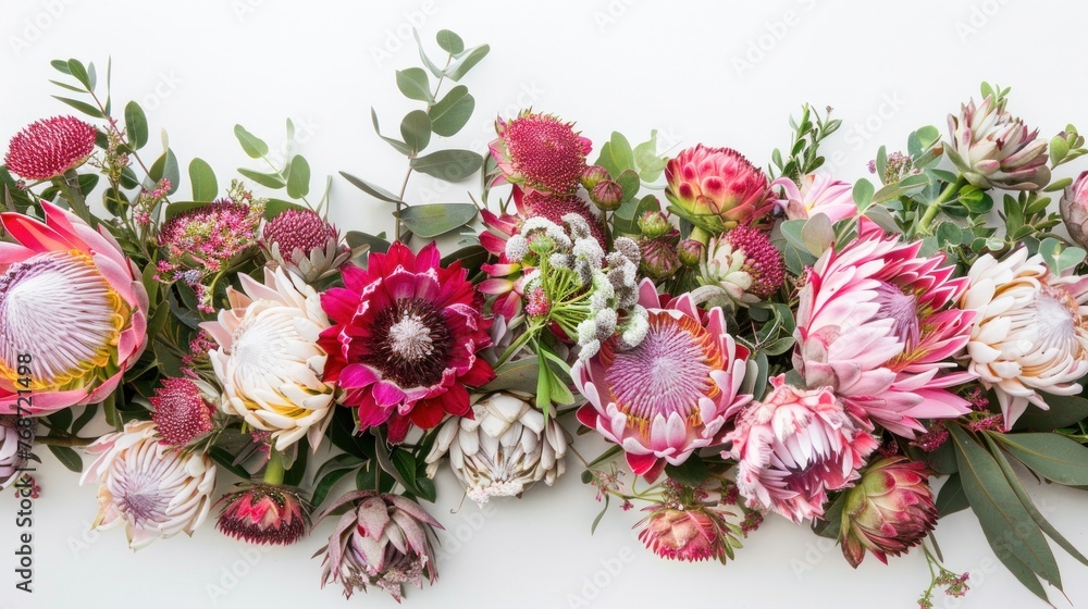 Serene landscape with colorful protea flowers against a white backdrop. Serene landscape with colorful protea flowers against a white backdrop.