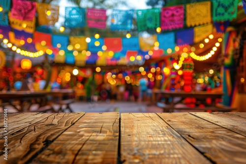 Empty wooden table and blurred colorful bokeh background. For product display. Cinco de Mayo backdrop. photo