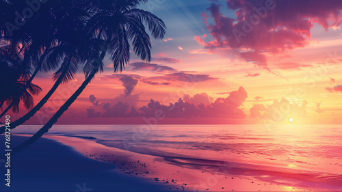 Gorgeous tropical sunset over beach with palm tree silhouettes Perfect for summer travel and vacation Generative AI