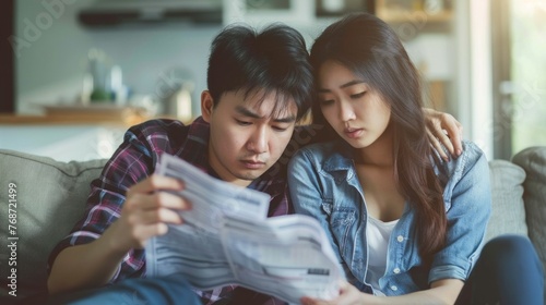 Stressed young couple calculating expenses and holding bills at home. © Postproduction