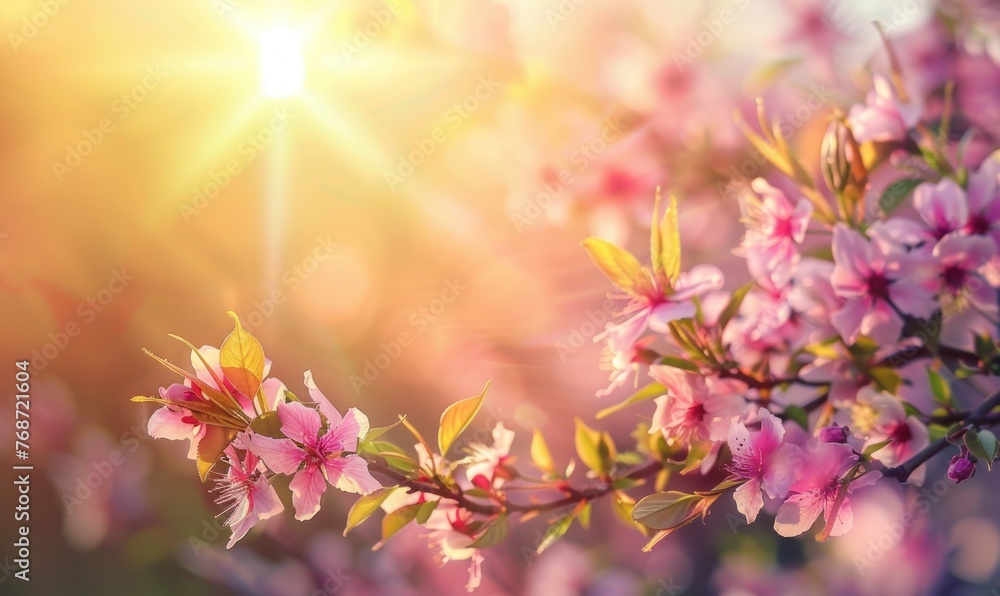 Beautiful cherry blossoms in spring time with sun rays and lens flare, nature background. Cherry blossom background with bokeh effect and copy space. Beautiful cherry blossoms in spring time with sun rays and lens flare, nature background. Cherry blossom background with bokeh effect and copy space.
