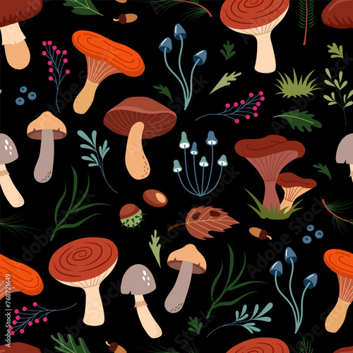 Vector seamless pattern of cute forest icons - mushrooms, berries, chestnuts, pine needles, leaves. Beautiful trendy background for packaging, fabric, wallpaper.