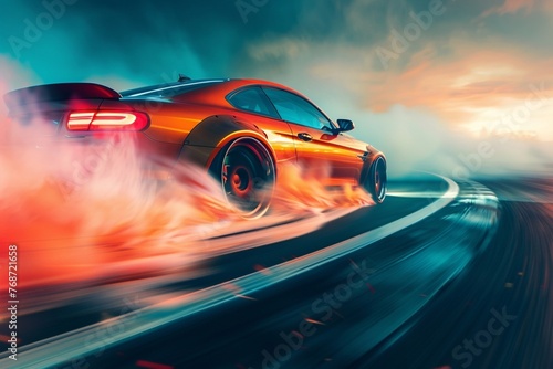 Blurred sport car drifting on speed track. Sport car wheel drifting and smoking with flare effect on track. Sport concept,drifting car concept © Hamza