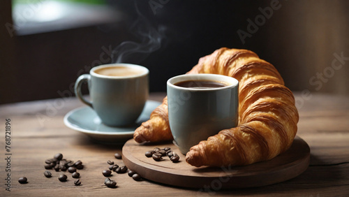 cup of coffee with croissant